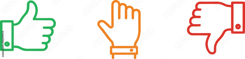Obraz premium Vector outline icon set featuring thumbs up, thumbs down, and high five gestures in green, orange, and red, representing customer feedback, rating, approval, and disapproval.
