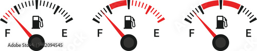 Vector illustration of car petrol gauges with varying needle positions from Full (F) to Empty (E) for monitoring gas consumption and vehicle performance.