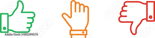 Vector outline icon set featuring thumbs up, thumbs down, and high five gestures in green, orange, and red, representing customer feedback, rating, approval, and disapproval.