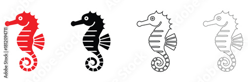 seahorse vector icon set, sea horse sea animals, underwater creatures vector silhouette and line art