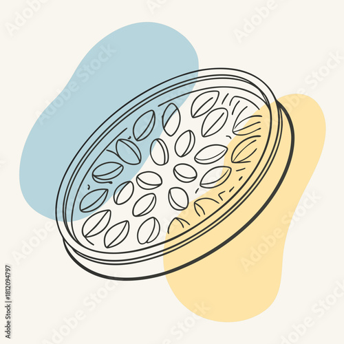 Abstract illustration of a petri dish with cells and colorful blobs