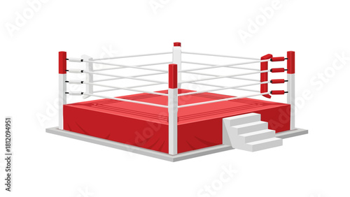 Red boxing ring with white ropes and gray stairs on a white background