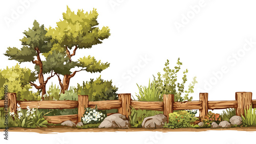 Rustic Wooden Fence Surrounding Lush Garden Landscape