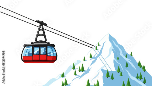 Red cable car ascending a snowy mountain with evergreen trees