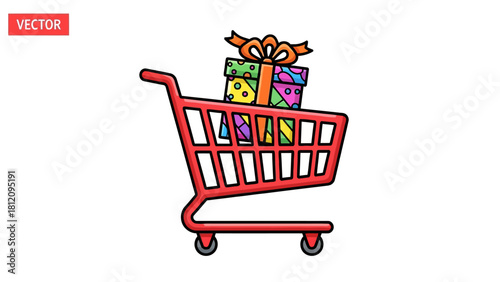 Red shopping cart filled with colorful gift boxes