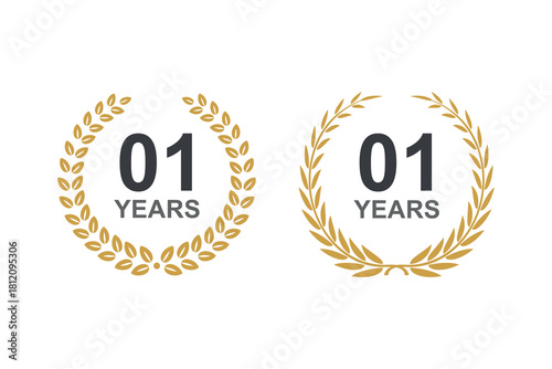 1st anniversary laurel wreath. 1 year anniversary floral laurel wreath. Anniversary icon or logo with laurel wreath. 1st year celebration label vector illustration