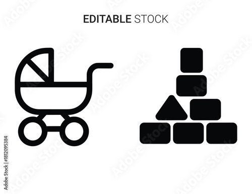 Outline icons of baby pram and children's building blocks, symbolizing early childhood and development