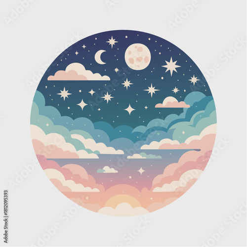 Dreamy celestial nightscape with moon, stars and clouds, perfect for children's book illustrations, bedtime stories or calming meditation backgrounds