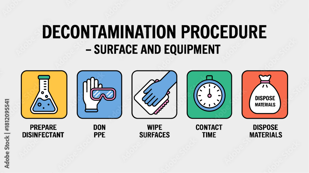 Fototapeta premium Surface Decontamination Process Infographic – 5 Step Cleaning and Disinfection Workflow