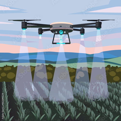 Drone spraying crops in a field with a scenic background