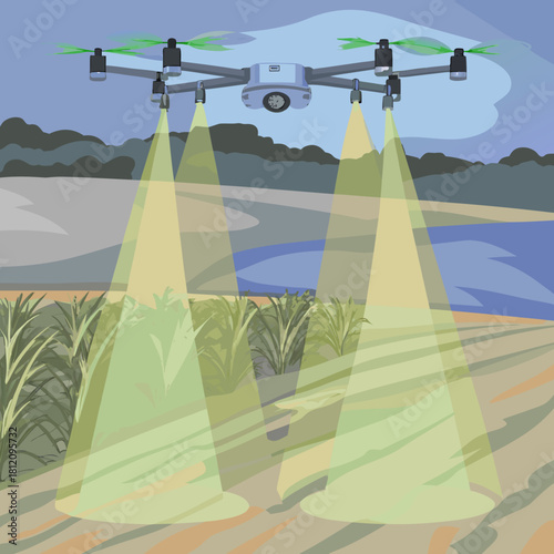 Drone spraying crops with agricultural technology in a field