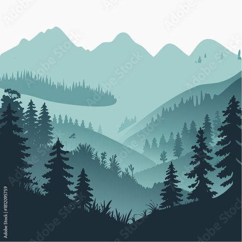 Serene mountain landscape with a foggy forest, perfect for nature lovers, wanderlust seekers, and outdoor adventure enthusiasts with a peaceful vibe