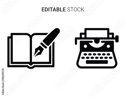 Classic writing tools: open book with a fountain pen and a vintage typewriter icons set