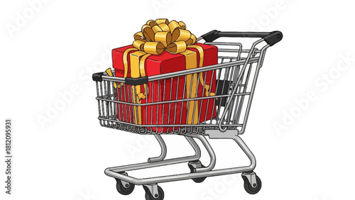 Shopping cart filled with a red gift box and yellow ribbon