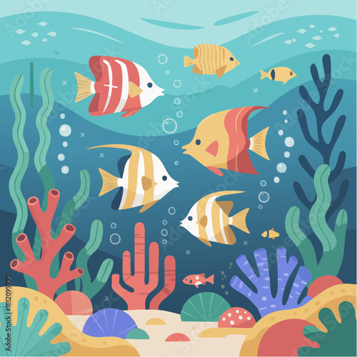 Vibrant coral reef scene with colorful tropical fish swimming among seaweed, perfect for educational materials and ocean-themed designs, cheerful marine life