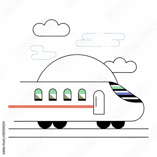 Modern high speed train illustration with stylized clouds