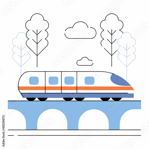 Modern train traveling over a bridge with trees and clouds
