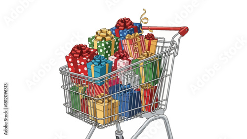 Shopping cart filled with colorful giftwrapped presents