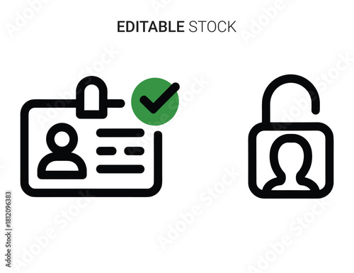 Identity card with checkmark and unlocked padlock representing access verification online