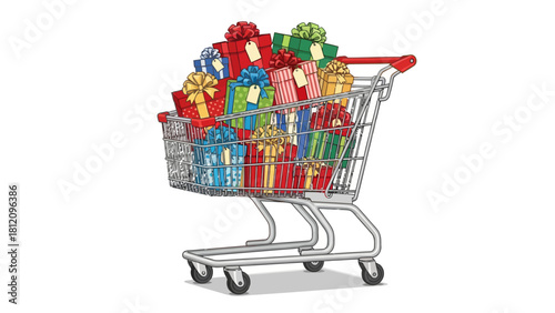 Shopping cart filled with colorful wrapped gifts
