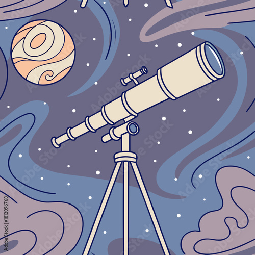 Telescope observing a swirling planet in a starry sky