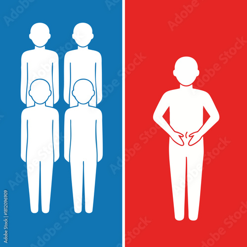 White Human Pictogram Group Beside Single Figure Holding Abdomen.