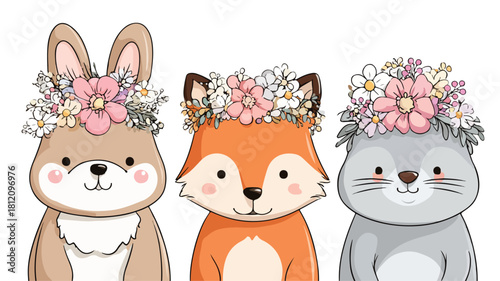 Adorable Cartoon Animals with Floral Crowns Vector Illustration