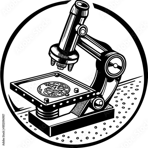 Vintage microscope examining microscopic specimen in circular frame