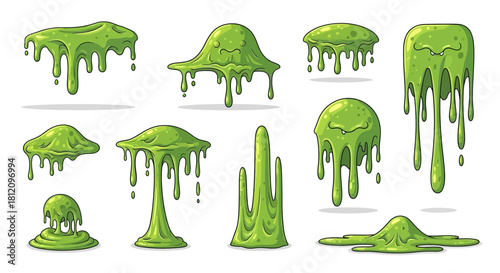 Cartoon green slime drips collection, vector illustration, isolated on white background