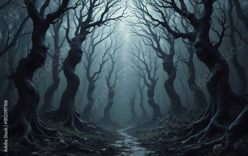 The Twisted Woods: Eerie and Dark Forest Landscape with Gnarled, Bare Trees and Mist