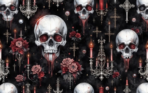 Victorian Gothic Macabre: Seamless Pattern of Skulls, Roses, Chandeliers, and Crosses on a Dark Background