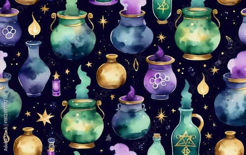 Watercolor Magic Potion Jars: Seamless Repeat Pattern with Glowing Elixirs and Sparkling Stars on Dark Background