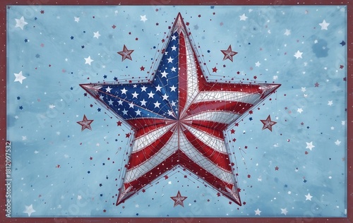 Patriotic Watercolor Star: Stylized American Flag Design on a Textured Blue Background for National Holidays