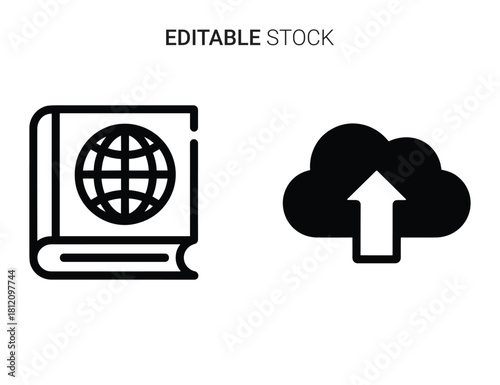 Global knowledge concept and cloud data upload flat line icons on transparent background