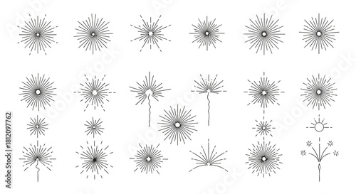 Collection of minimalistic sunburst design elements for graphic projects and decorations
