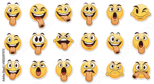 Collection of Yellow Emoji Faces Expressing Various Emotions on White Background