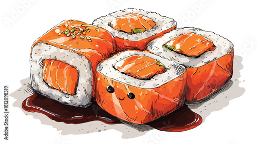 Adorable Cartoon Salmon Sushi in Shoyu Sauce for Foodies and Japanese Cuisine Lovers