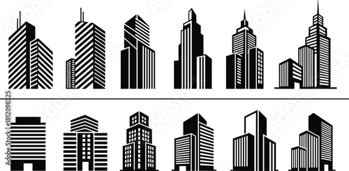 Set of modern city building vector icons, black skyscraper silhouettes for real estate logos and architecture design, isolated on white.