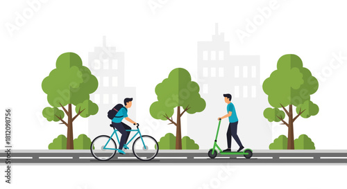Men riding a bicycle and an electric scooter on a city road