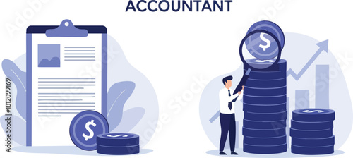 Accountant Analyzing Financial Documents and Stacked Coins with Magnifying Glass.