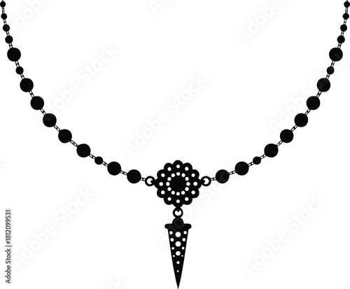 Necklace silhouette illustration with ornate medallion and pointed pendant, black vector design for fashion, jewelry, and elegance concept