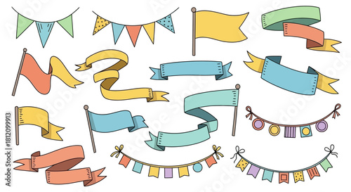Festive hand-drawn banners and flags in various colors for celebrations or events
