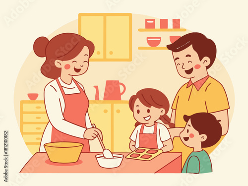 Family Cooking in Kitchen — Warm Lifestyle Vector Illustration