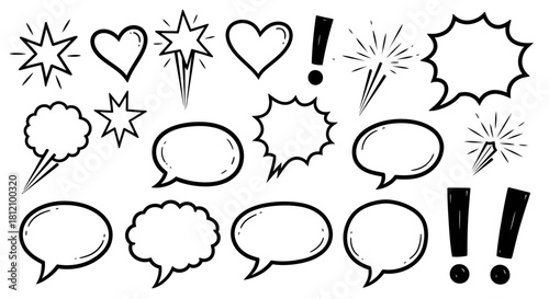 Hand-drawn speech bubbles, stars, hearts, and exclamation marks in black and white