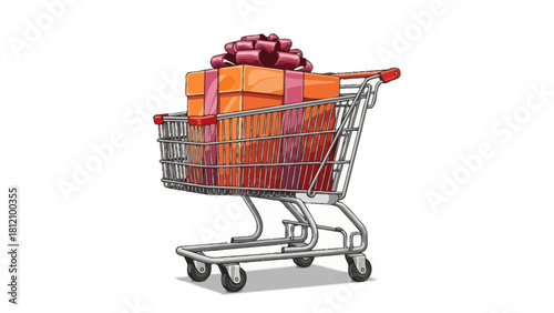 Shopping cart filled with gifts on a white background