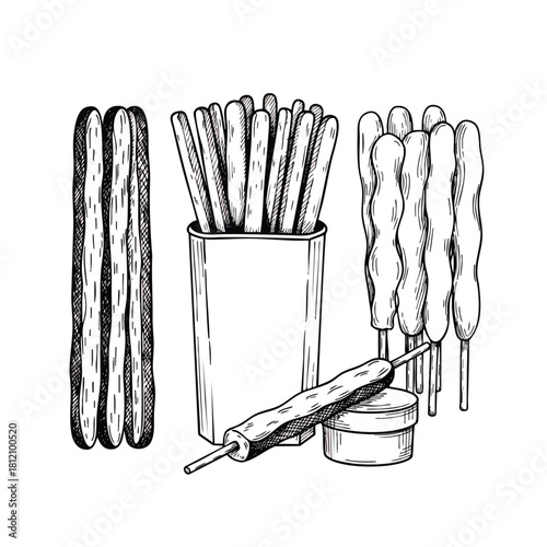 Hand drawn twisted breadsticks skewers with dip.