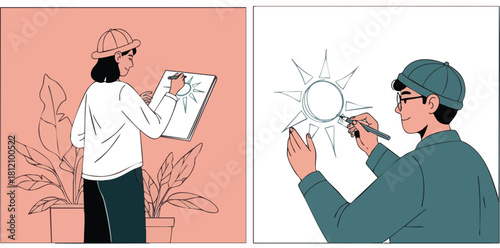 Artists at Work Illustrating the Sun and Creative Process.