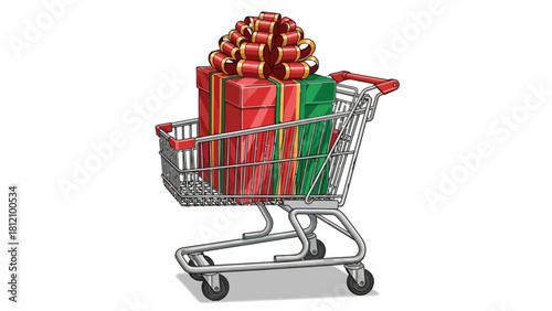 Shopping cart filled with gifts and a large bow