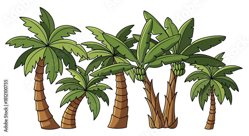 Tropical paradise illustration featuring palm trees and banana trees on a white background