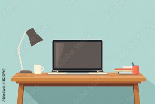Flat workspace illustration with laptop — freelance desk setup, productivity and remote work concept.